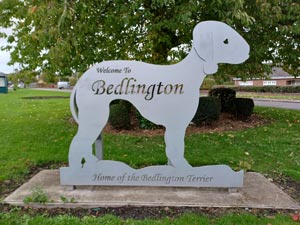 A sign in the shape of a Bedlington terrier that says "welcome to Bedlington"