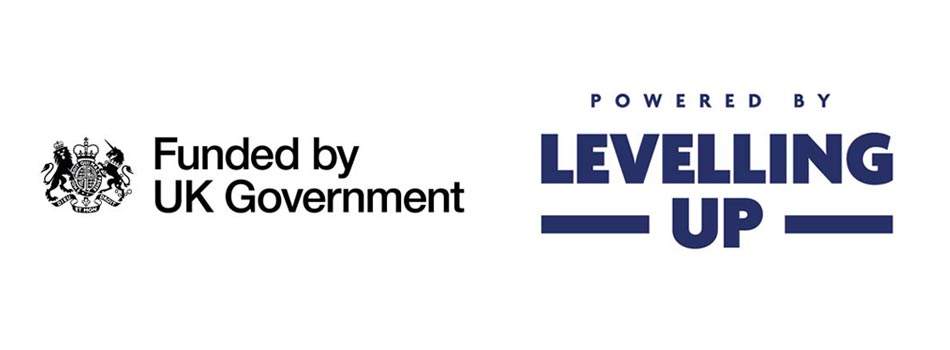 Two logos. First "Funded by UK Government" logo. Second "Powered by Levelling up"