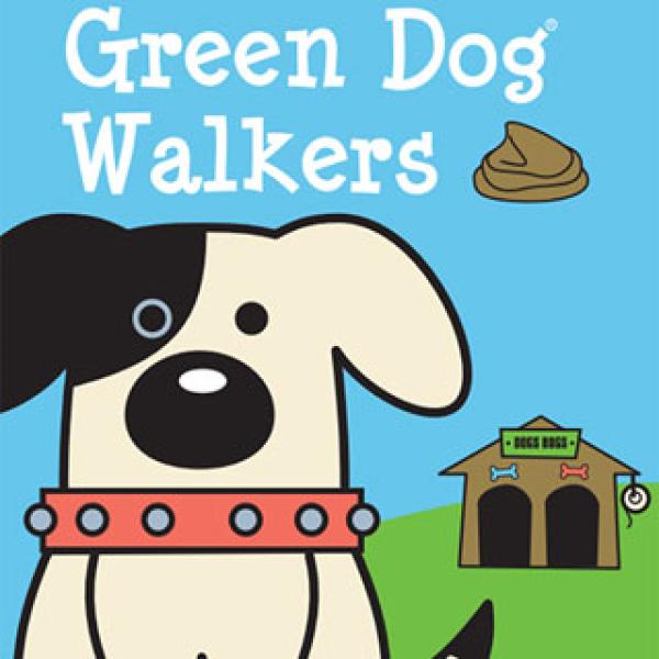 A cartoon dog wearing a collar, a dog house in the background. Text reads "Green Dog Walkers - Poo emoji"