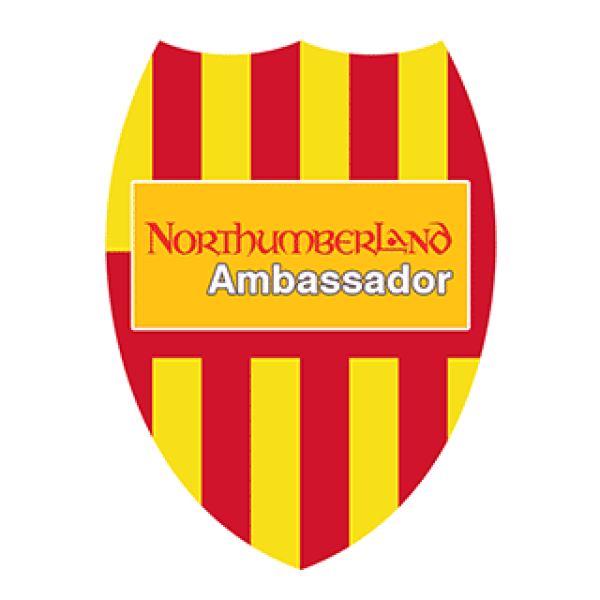 A Northumberland flag, yellow background with red alternating columns, in the form of a shield. Text says "Northumberland ambassador"